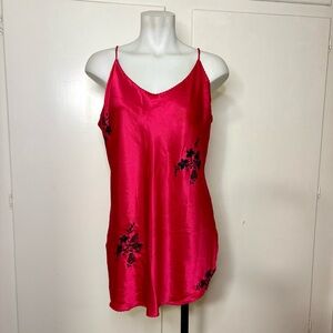 Vintage 90s Hot Pink Black Floral Embroidered Mini Satin Slip Dress